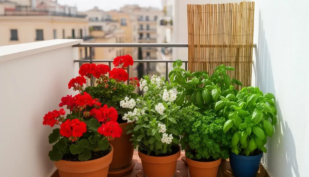 Balcon d'appartement fleuri avec géraniums et herbes aromatiques en pots