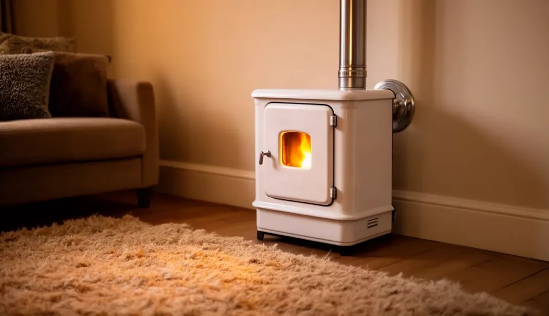 Radiateur à gaz raccordé à un conduit d'évacuation dans un salon