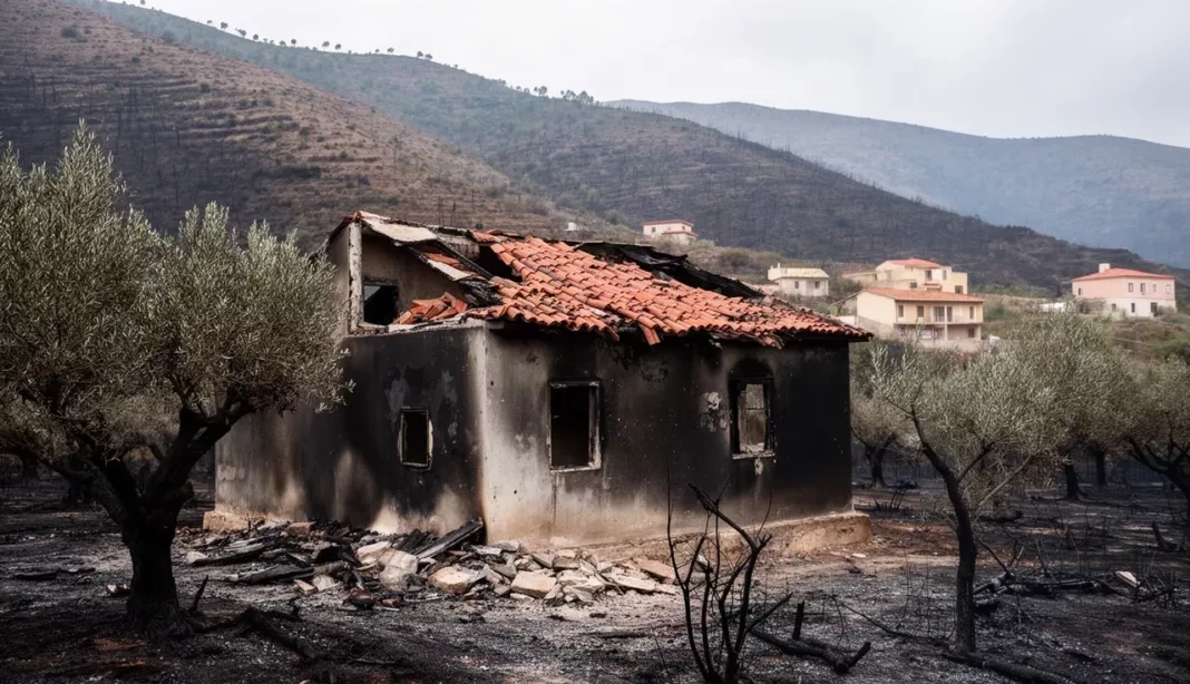 Maison sinistrée après les incendies Maison endommagée par les incendies dans un village de montagne en Kabylie