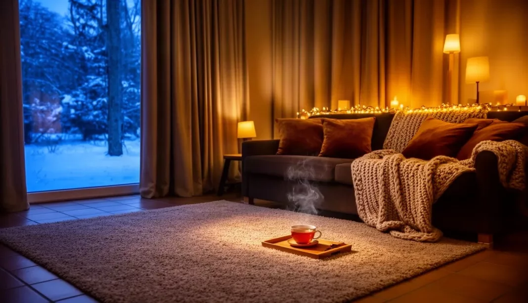Intérieur chaleureux en hiver Salon cocooning en hiver avec rideaux épais, tapis et plaids