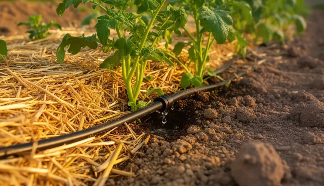Jardiner avec peu d'eau Goutte-à-goutte et paillage au pied de plants de légumes