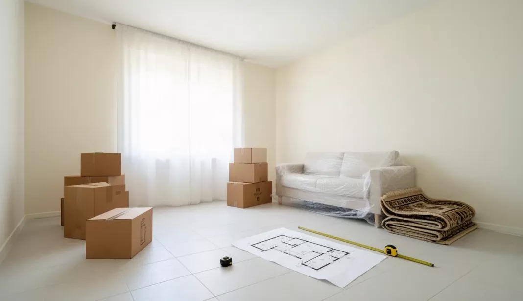 Salon d'un appartement neuf en cours d'aménagement avec cartons et canapé