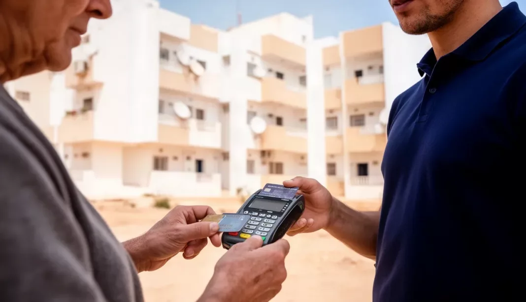 Paiement du loyer OPGI par TPE Paiement du loyer par carte sur un terminal de paiement devant un immeuble OPGI