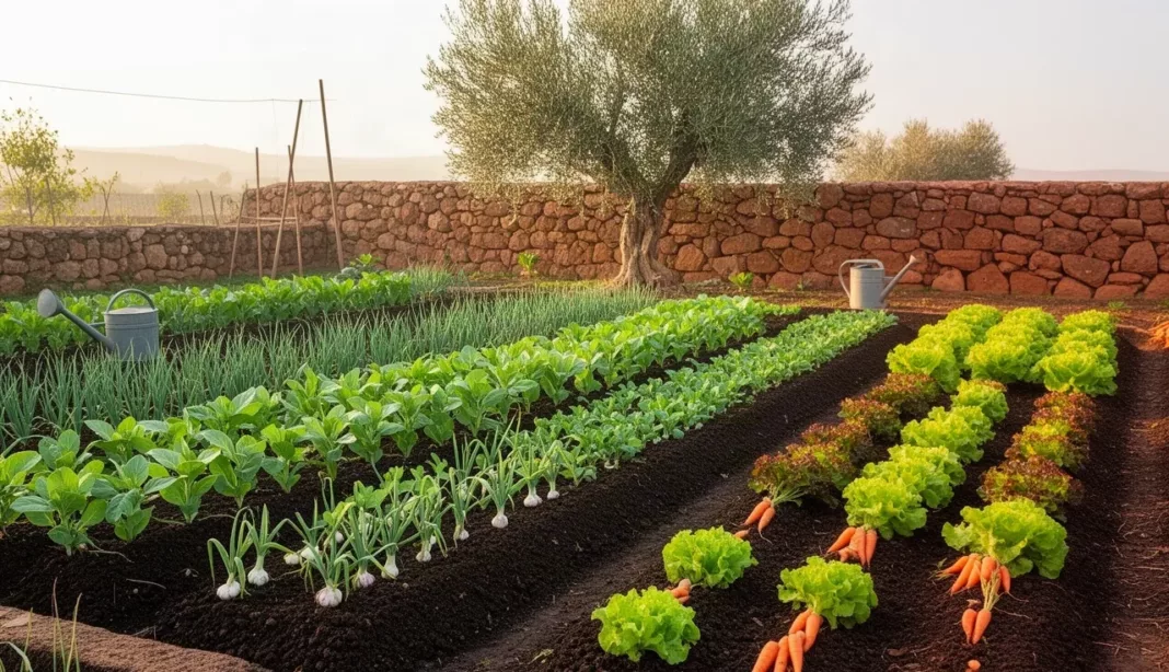 Potager d'octobre en Algérie Potager d'automne avec jeunes plants de fèves, d'ail et de laitues