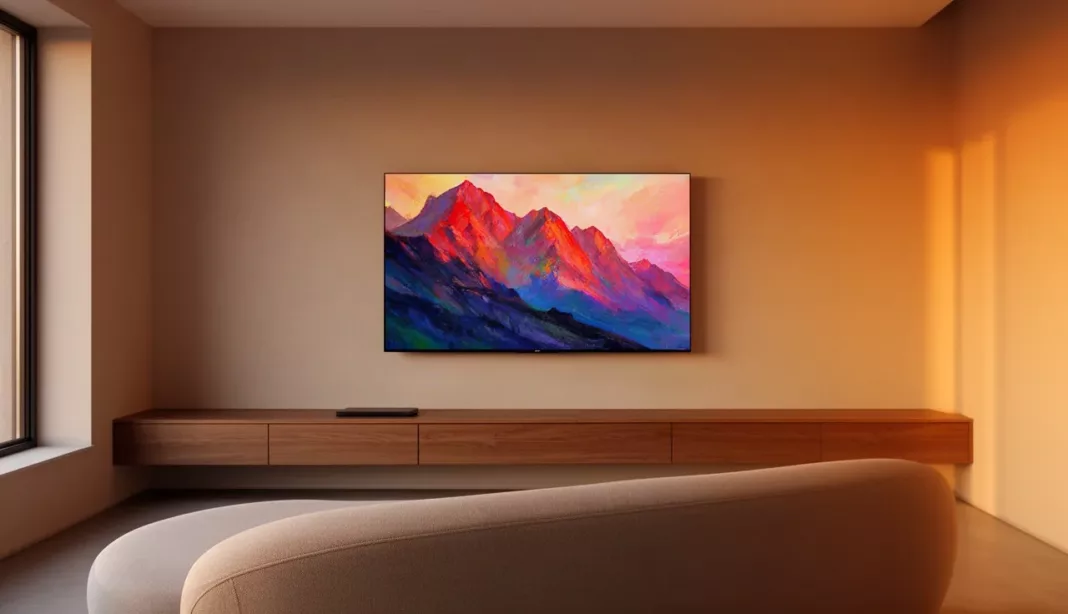 Téléviseur à écran plat fixé au mur d'un salon moderne