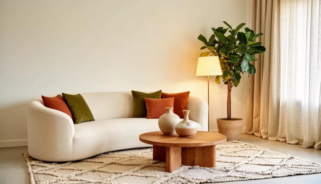 Tendances déco 2026 Salon aux murs blanc cassé avec canapé arrondi, tapis berbère et céramiques