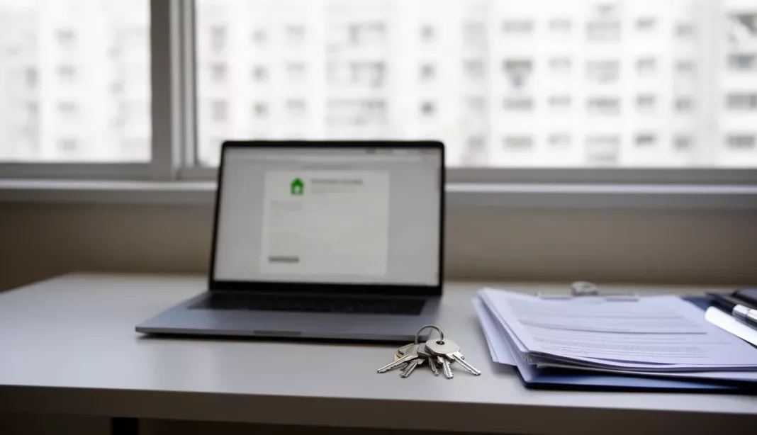 Démarches logement en ligne Ordinateur portable, clés et dossier sur un bureau, illustrant la numérisation des démarches de logement