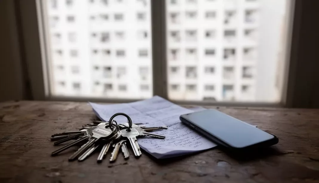 Échange de logements AADL et LPA Clés d'appartement et papier manuscrit sur une table, illustrant l'échange informel de logements AADL et LPA