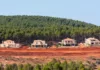 Logement en zone forestière : un projet de loi pour fixer des normes contre les incendies Maisons en lisière de forêt séparées par une bande coupe-feu